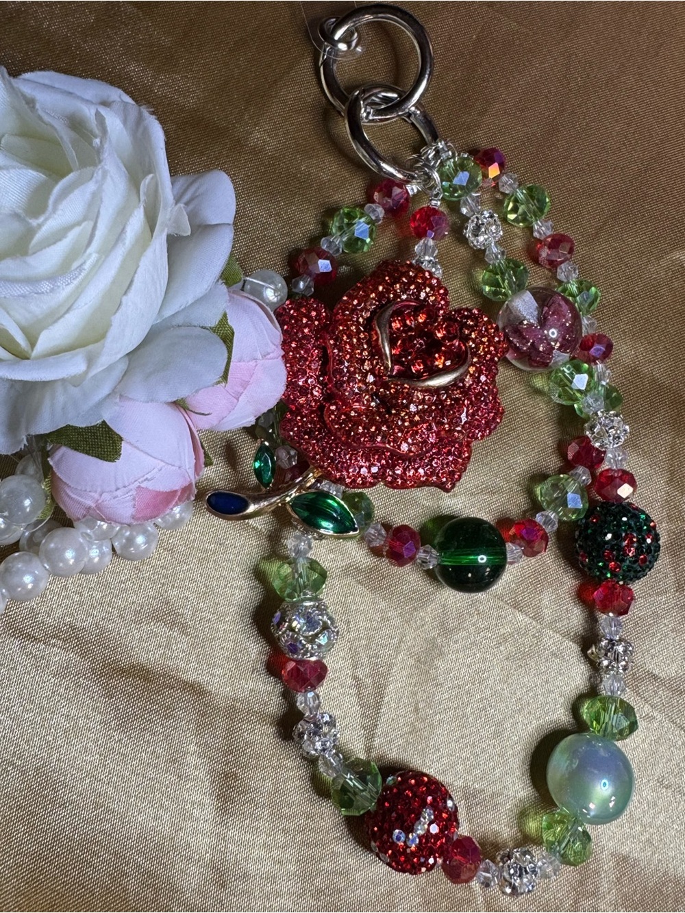 Sparkling Red Rose Multi-Bead Women's Keychain-Purse Chain